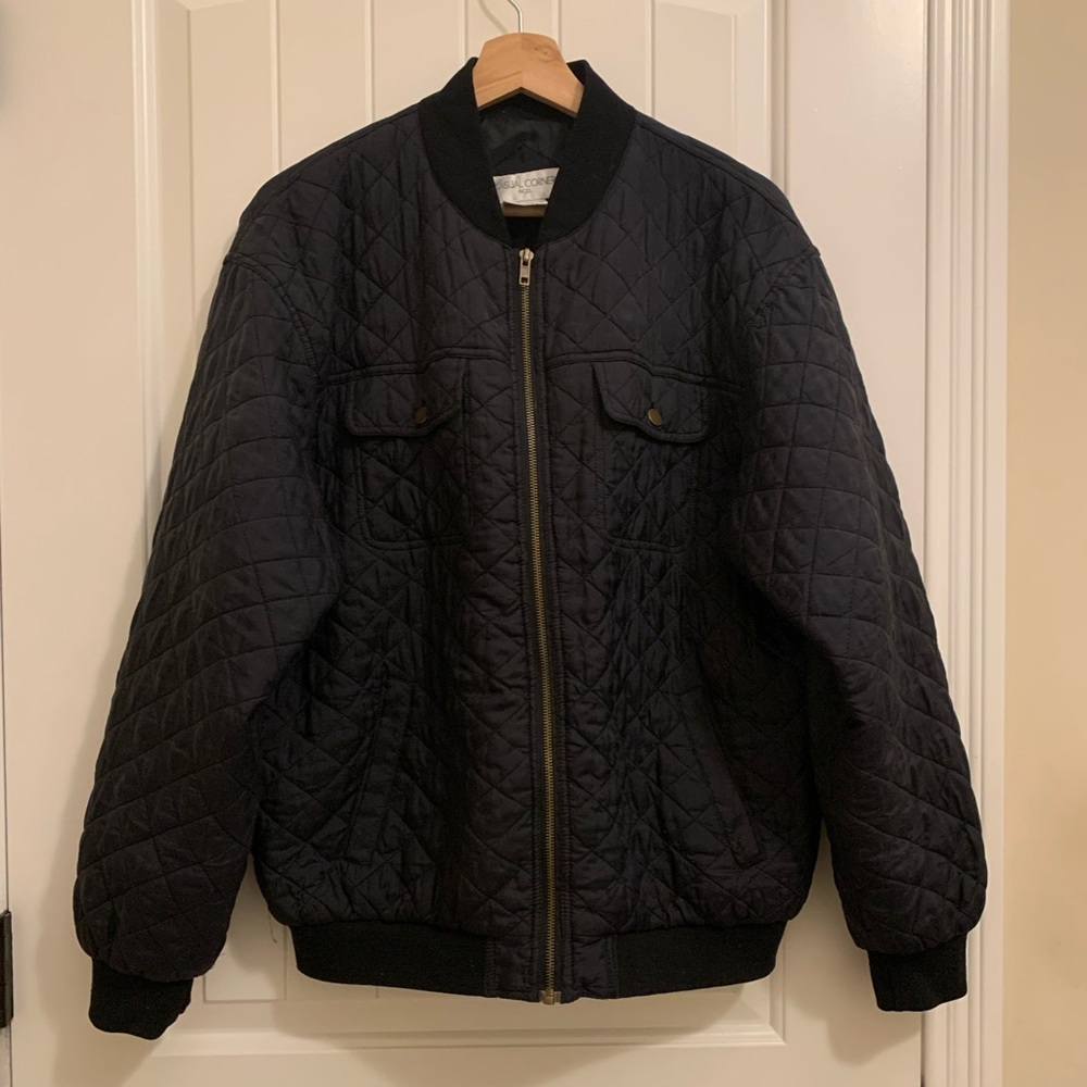 Casual Corner Vintage Silk Black Quilted Bomber Jacket